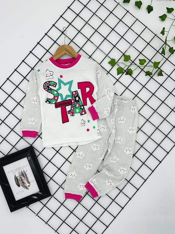 3095 Star Baskılı Kız Çocuk Penye Pijama Takım-FUŞYA