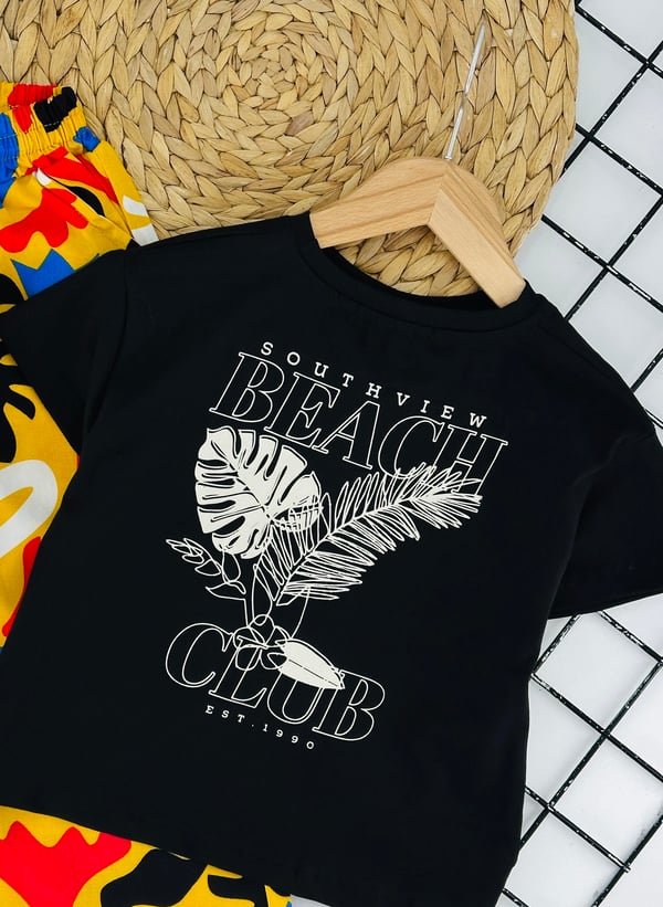 3134 Beach Yazılı Yaprak Baskılı Kız Çocuk Takım-SİYAH