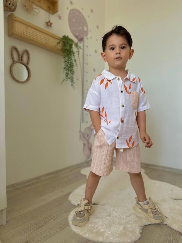3170 Gömlekli Yaprak Desen Erkek Çocuk Keten Şortlu Takım-TURUNCU