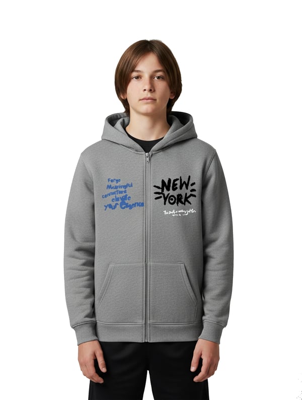 3264309 New York Yazılı Kanguru Cepli Üç İp Erkek Çocuk Hırka-KOYU GRİ