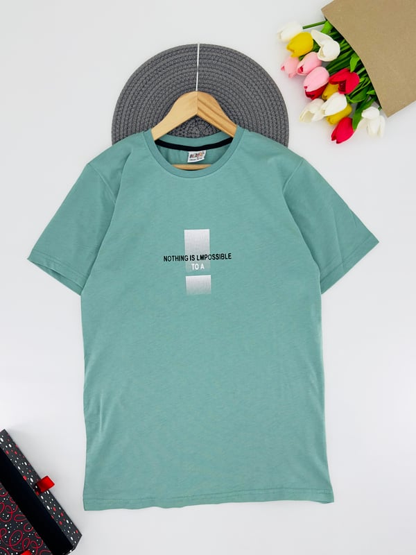 3300-27 Nothıngs Yazılı Baskılı Erkek Çocuk Penye Tişört 3217-YEŞİL