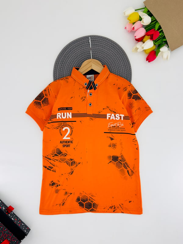 3300-30 Run Yazılı Polo Yaka Erkek Çocuk Penye Çocuk Tişört 7010-TURUNCU