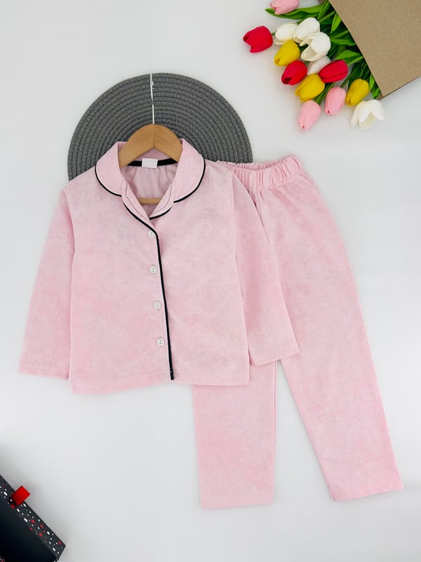 3333-1 Düz Renk Yakalı Düğmeli Kız Çocuk Penye Pijama Takım-PEMBE