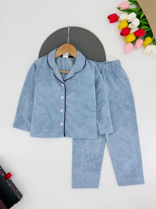 3333-1 Düz Renk Yakalı Düğmeli Kız Çocuk Penye Pijama Takım-MAVİ