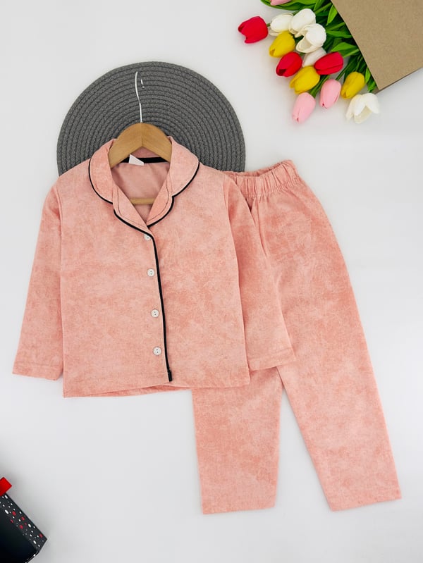 3333-1 Düz Renk Yakalı Düğmeli Kız Çocuk Penye Pijama Takım-SOMON