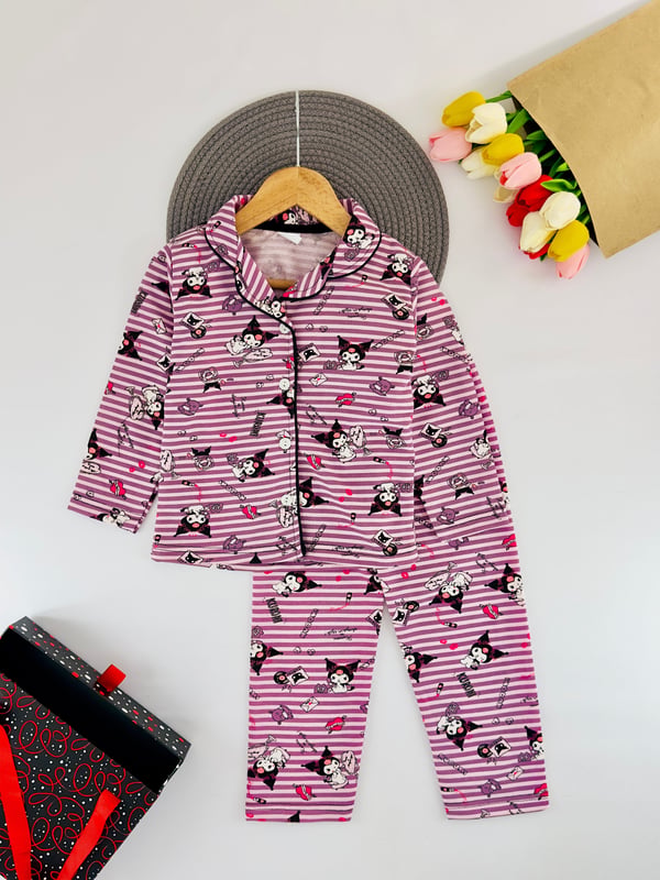 3333 Çizgili Krm Baskılı Yakalı Düğmeli Kız Çocuk Penye Pijama Takım-PEMBE