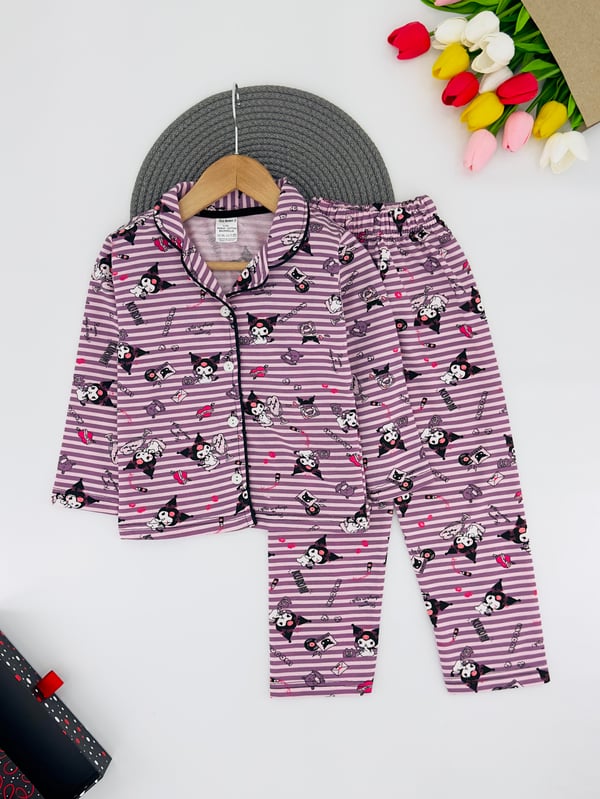 3333 Çizgili Krm Baskılı Yakalı Düğmeli Kız Çocuk Penye Pijama Takım-LİLA