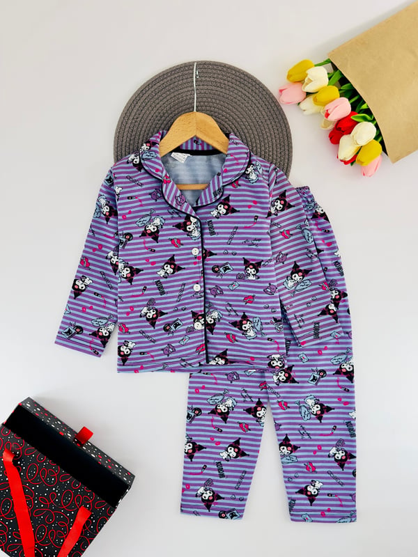 3333 Çizgili Krm Baskılı Yakalı Düğmeli Kız Çocuk Penye Pijama Takım-AÇIK YEŞİL