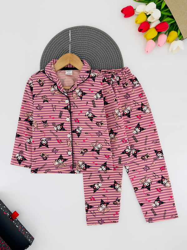 3333 Çizgili Krm Baskılı Yakalı Düğmeli Kız Çocuk Penye Pijama Takım-SOMON