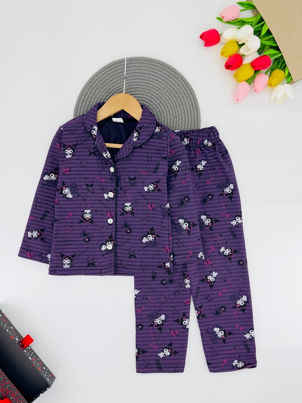 3333 Çizgili Krm Baskılı Yakalı Düğmeli Kız Çocuk Penye Pijama Takım-MÜRDÜM