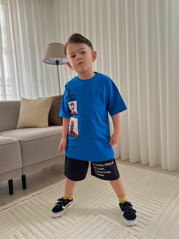 3615-1 Örümcek Adam Baskılı Erkek Çocuk Penye Şortlu Takım-SAKS MAVİ