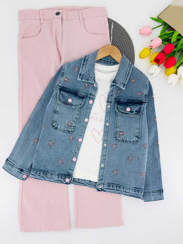 3756 Fiyonklu Çıtçıtlı Kız Çocuk Üçlü Takım-PEMBE