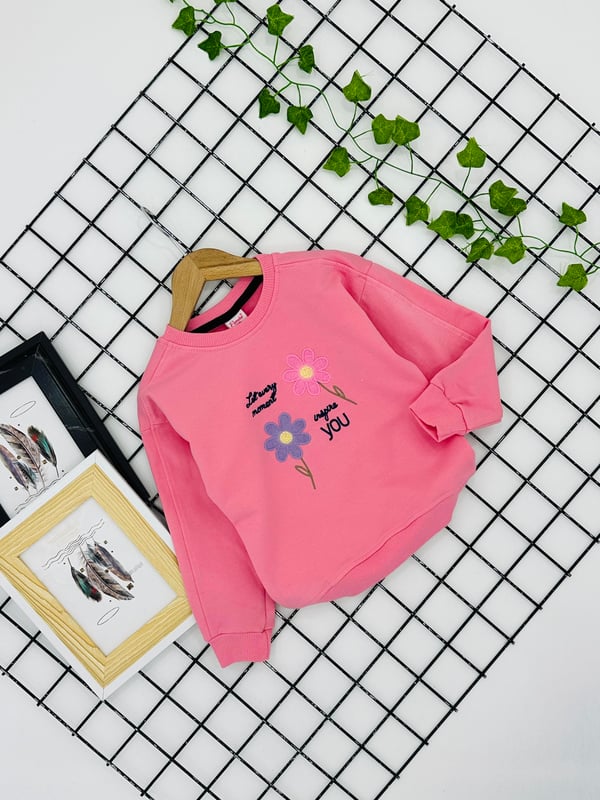 3766 You Çiçek Nakışlı Kız Çocuk Sweat-PEMBE