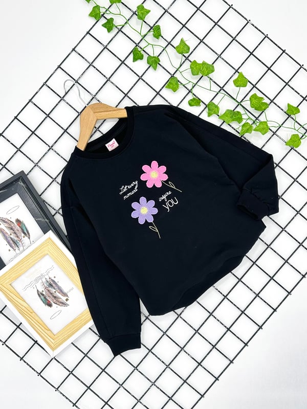 3766 You Çiçek Nakışlı Kız Çocuk Sweat-SİYAH