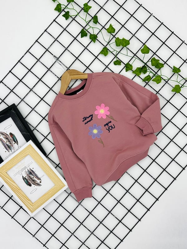 3766 You Çiçek Nakışlı Kız Çocuk Sweat-GÜL KURUSU