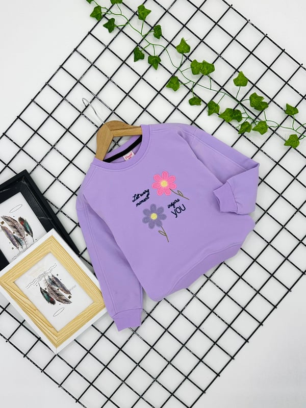 3766 You Çiçek Nakışlı Kız Çocuk Sweat-LİLA
