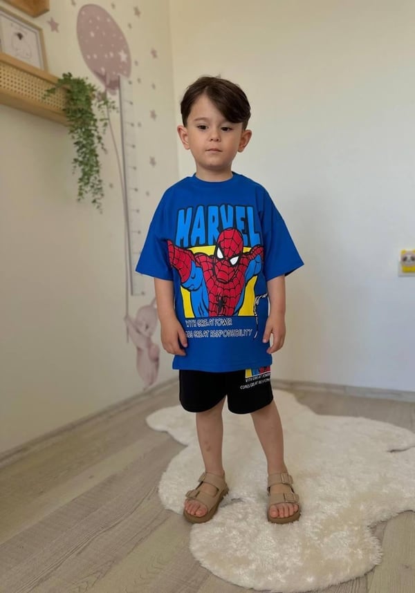3768 Marvel Yazılı Örümcek Baskılı Erkek Çocuk Penye Şortlu Takım-SAKS MAVİ
