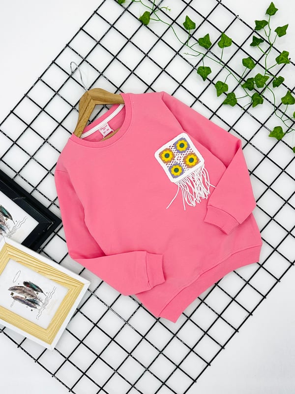 3771 Dört Çiçek Nakışlı Cepli Kız Çocuk Sweat-PEMBE