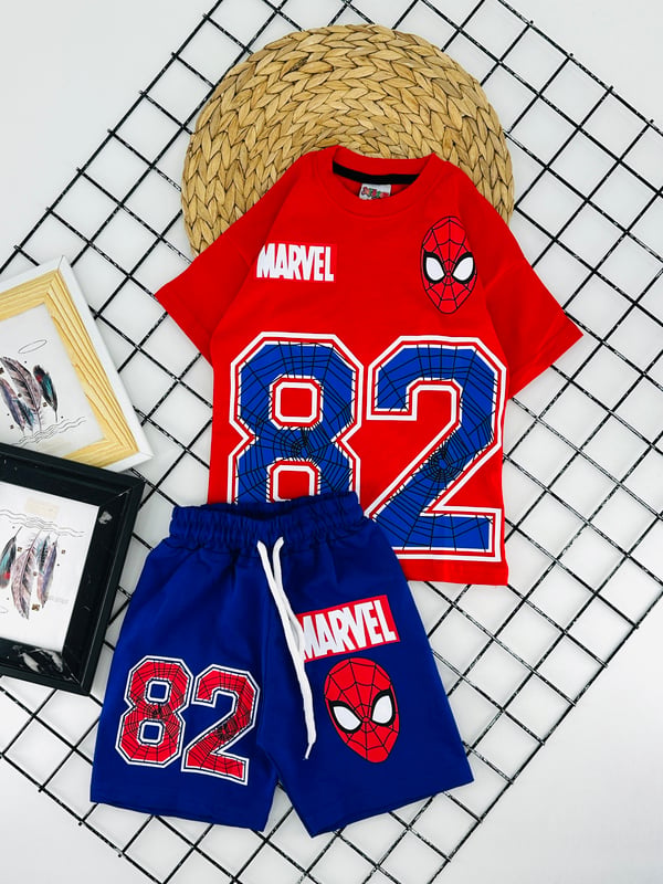 3795 Marvel Spdmn Baskılı Erkek Çocuk Penye Şortlu Takım-KIRMIZI