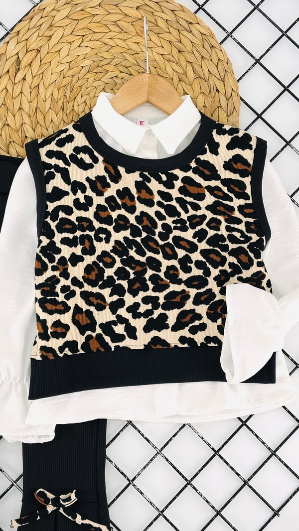 380 Üstü Leopar Desen Kız Çocuk Gömlekli 3 Lü Takım-LEOPAR