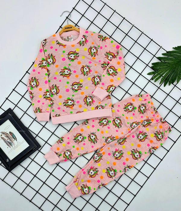3814 Noktalı Unicorn Baskılı Kız Pijama Takımı (3-7 Yaş)-PEMBE