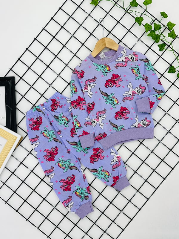 3818 Pony Baskılı Kız Pijama Takımı-LİLA
