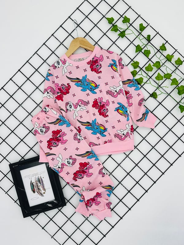 3818 Pony Baskılı Kız Pijama Takımı-PEMBE