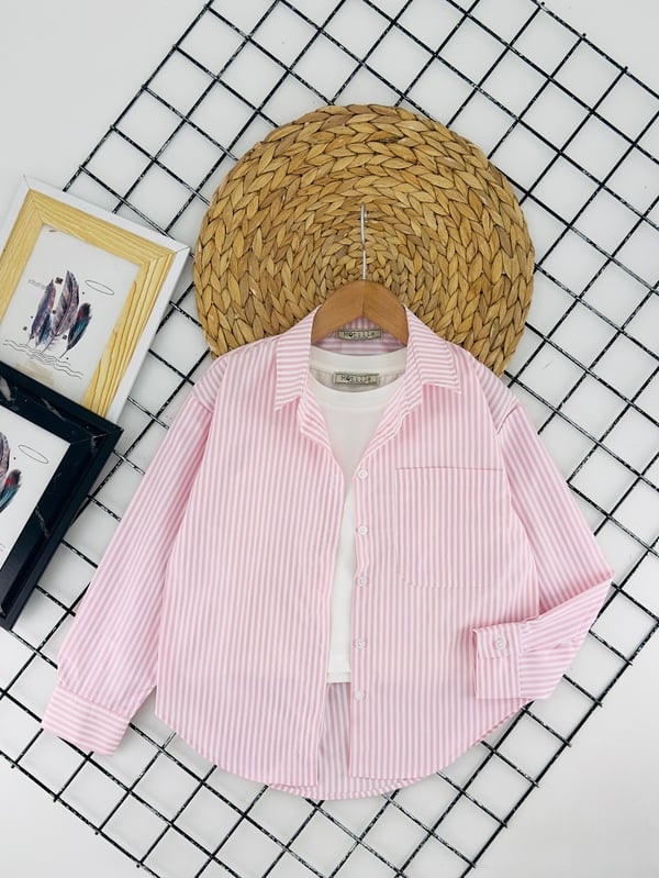 3827-2 Çizgili Badili Kız Çocuk Gömlek Takım (12-16 Yaş)-PEMBE