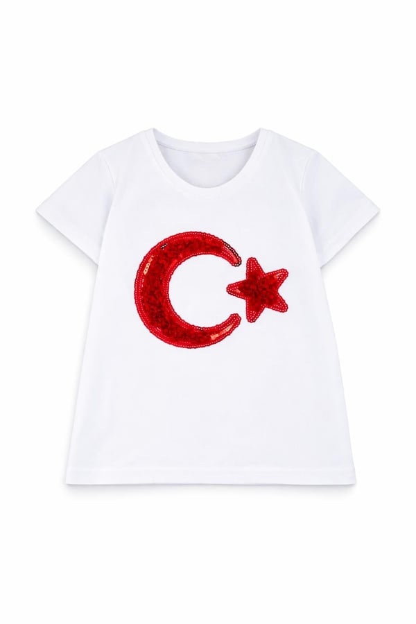 3838-1 Ay Yıldız Nakışlı Kız Çocuk Tişört-KIRMIZI