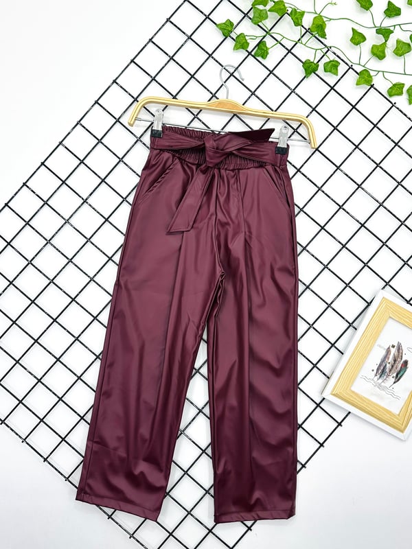 3842 Kuşaklı Pileli Deri Pantolon-BORDO