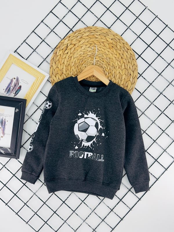 3870-1 Footbol Baskılı Ön Baskılı Üç İplik Erkek Çocuk Sweat-FÜME