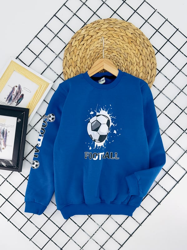 3870 Footbol Baskılı Ön Baskılı Üç İplik Erkek Çocuk Sweat-MAVİ