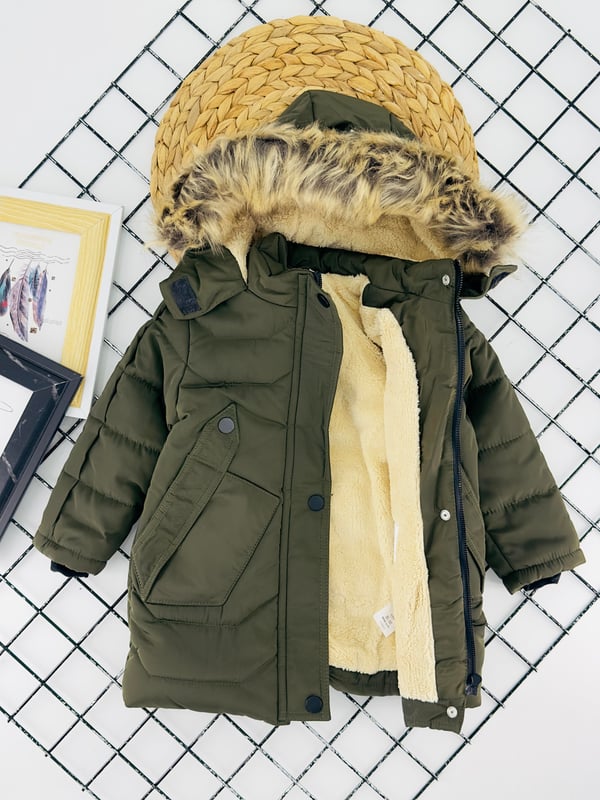 4000-2 Düğmeli Cepli İçi Polarlı Unisex Çocuk Şişme Mont-HAKİ YEŞİLİ