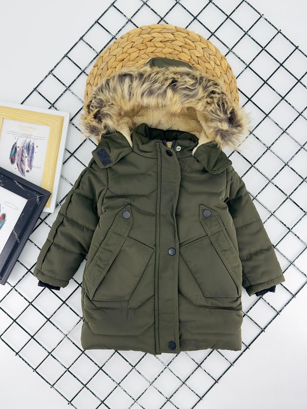 4000-2 Düğmeli Cepli İçi Polarlı Unisex Çocuk Şişme Mont-HAKİ YEŞİLİ