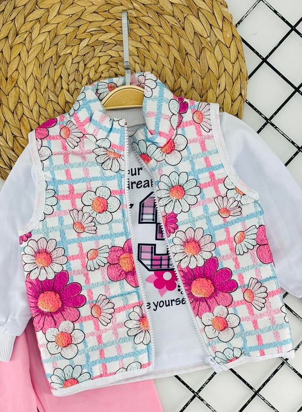 4007-3 Çiçek Baskılı 23 Yazılı Kız Çocuk Üçlü Takım-TOZ PEMBE