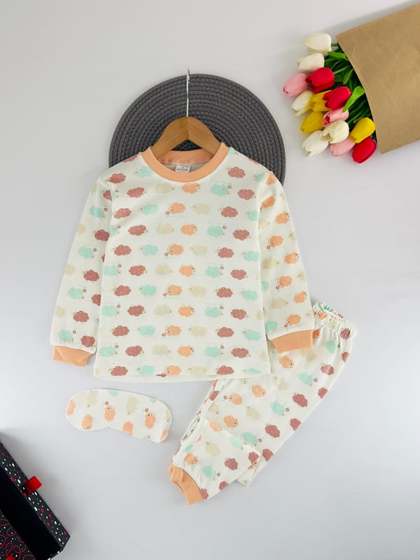 4010-1 Kuzu Çiçek Baskılı Bandanalı Kız Çocuk Pijama Takımı-BEYAZ