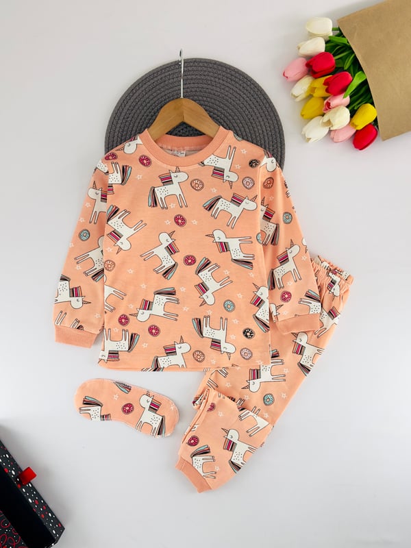 4010 Uncrn Baskılı Kız Çocuk Bandanalı Pijama Takımı-SOMON