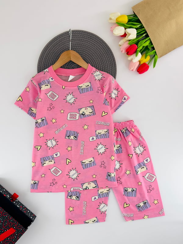 4020-26 Hello Cute Yazılı Kalp Baskılı Kız Çocuk Penye Şortlu Takım-PEMBE
