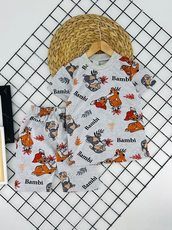 4020-4 Bambi Yazılı Baskılı Kız Çocuk Penye Şortlu Takım-GRİ