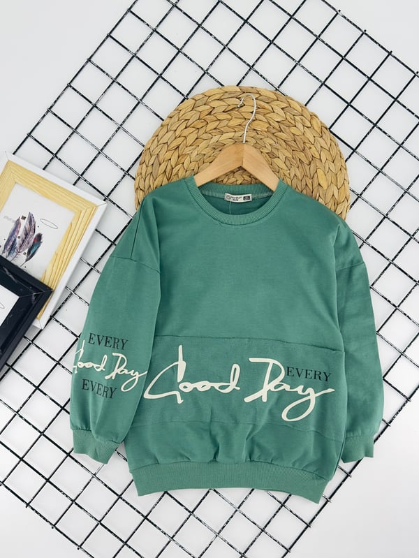 4055-1 Good Day Yazılı Kız Mevsimlik Sweat-YEŞİL