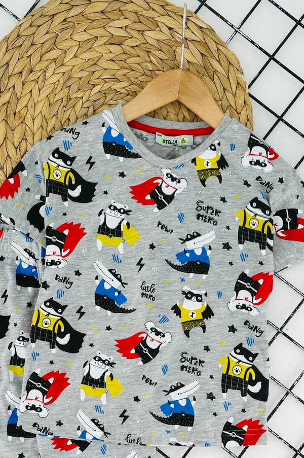 4066 Süper Hr Yazılı Baskılı Erkek Çocuk Pijama Takımı-GRİ