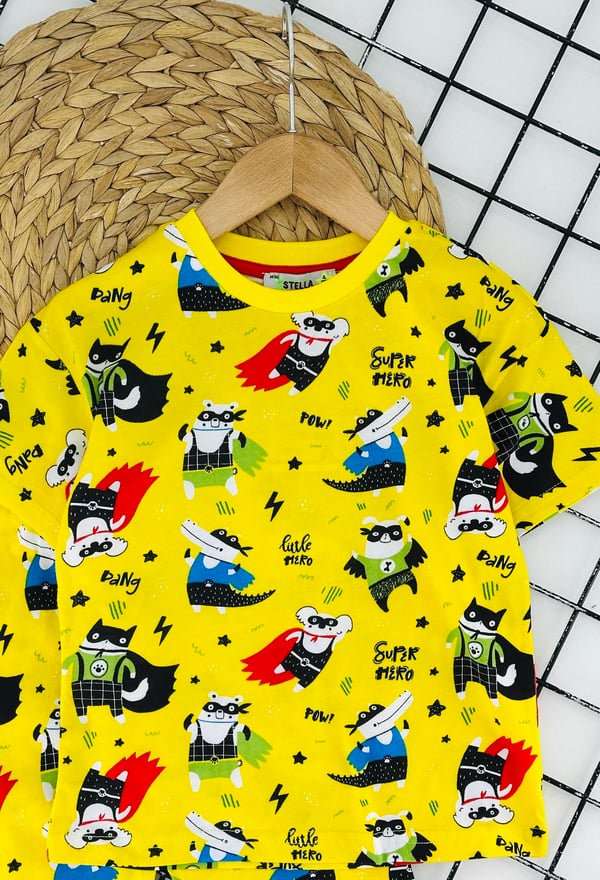 4066 Süper Hr Yazılı Baskılı Erkek Çocuk Pijama Takımı-SARI