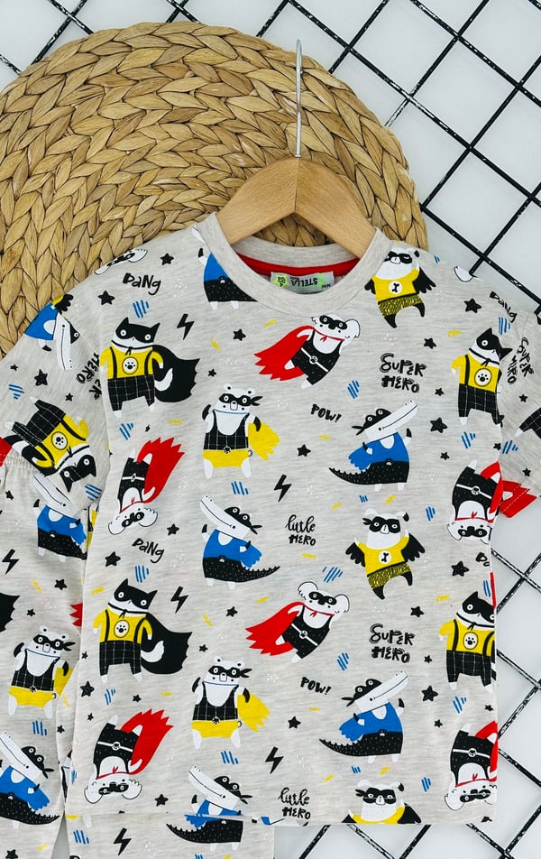 4066 Süper Hr Yazılı Baskılı Erkek Çocuk Pijama Takımı-KREM