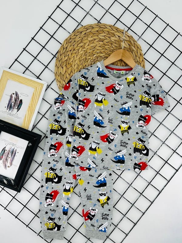 4066 Süper Hr Yazılı Baskılı Erkek Çocuk Pijama Takımı-GRİ