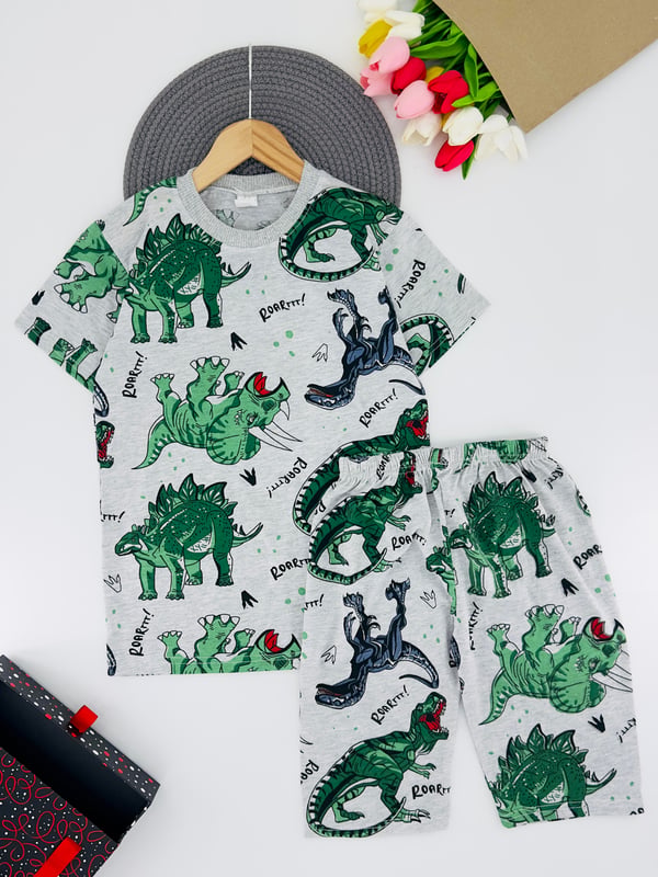 4090-4 Grgdn Roar Baskılı Erkek Çocuk Penye Şortlu Takım-GRİ