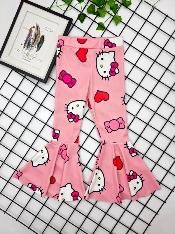41147 Hello Kıtty Baskılı Fitilli Kumaş İspanyol Paça Mevsimlik Tayt (3-8 Yaş)-PEMBE