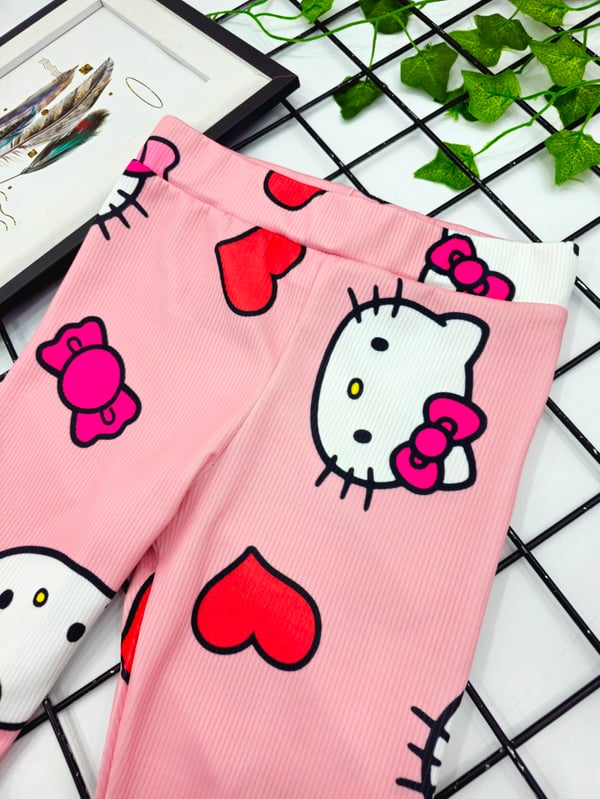 41147 Hello Kıtty Baskılı Fitilli Kumaş İspanyol Paça Mevsimlik Tayt (3-8 Yaş)-PEMBE