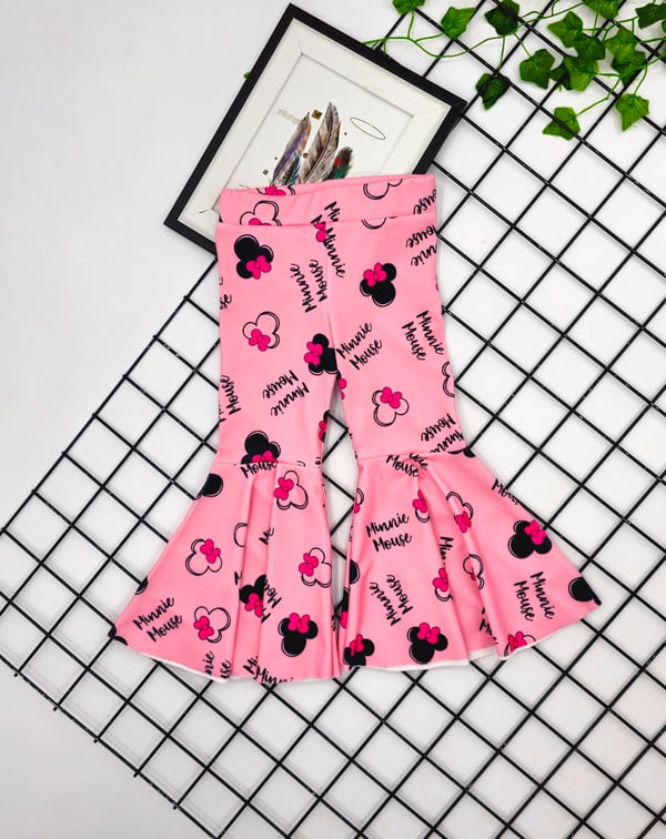 41147 Minnie Mouse Baskılı İspanyol Paça Fitilli Kumaş Mevsimlik Tayt (3-8 Yaş)-PEMBE