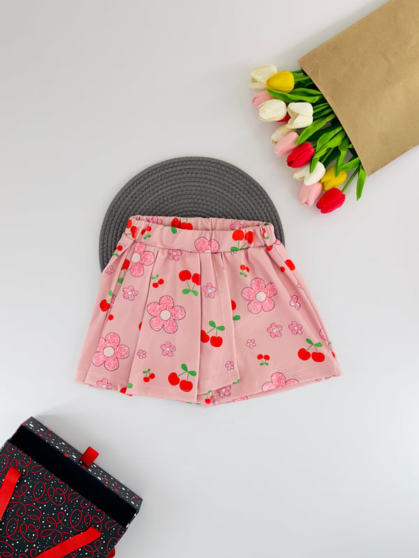 41154 Çiçek Kiraz Baskılı Kız Çocuk Şort Etek-PEMBE