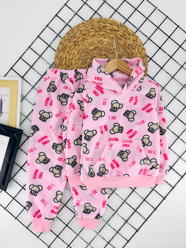 4200-2 Koala Desenli Kapşonlu Kız Çocuk Polar Pijama Takımı-PEMBE
